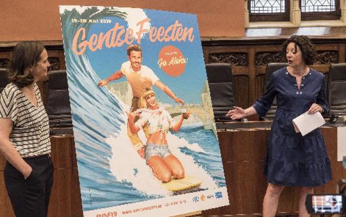 Vintage-affiche met surfend koppel voor 176ste Gentse Feesten