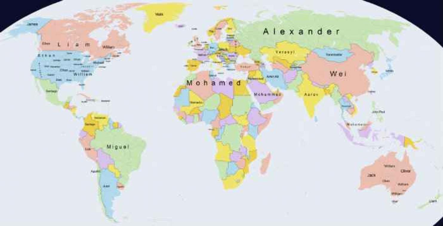 Deze kaart toont je de populairste jongensnamen van over de hele wereld