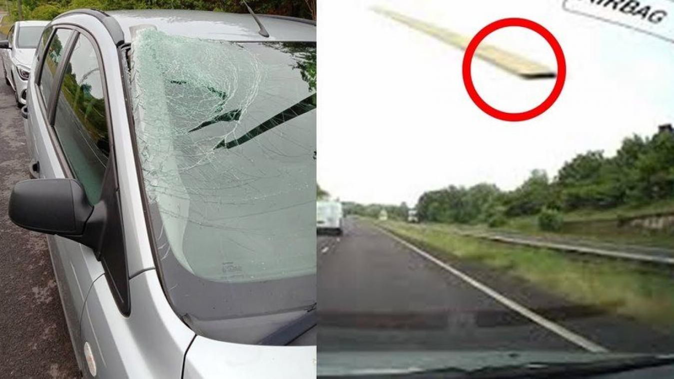 Automobilist ontsnapt aan de dood als plank door voorruit vliegt (video)