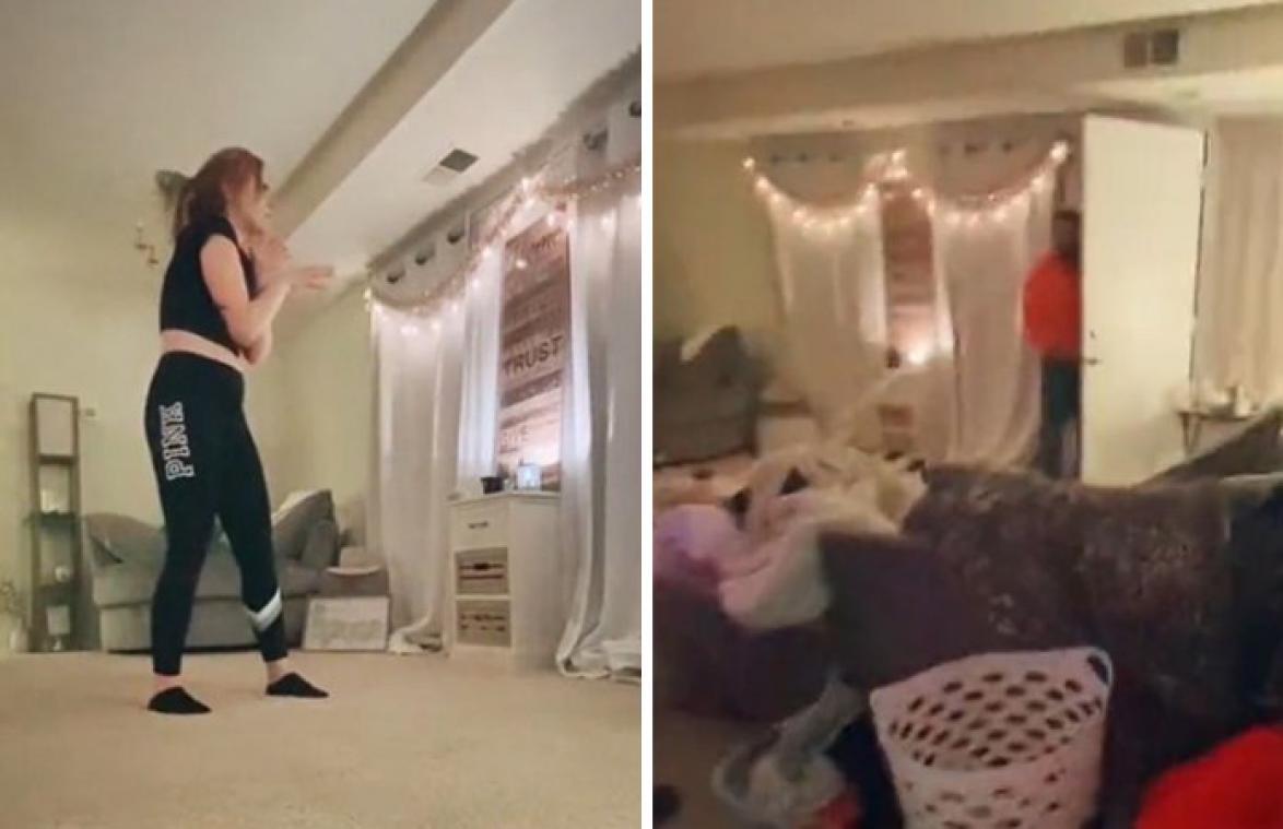 AKELIG! Vrouw doet TikTok-dansje, maar dan komt er plots een inbreker binnen (video)