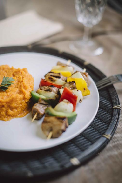 Rundsbrochette met puree van butternut en zoete aardappel