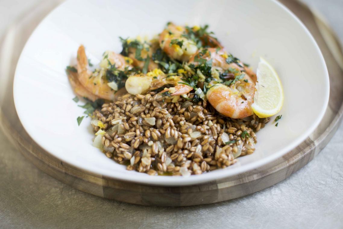 Speltrisotto met scampi's
