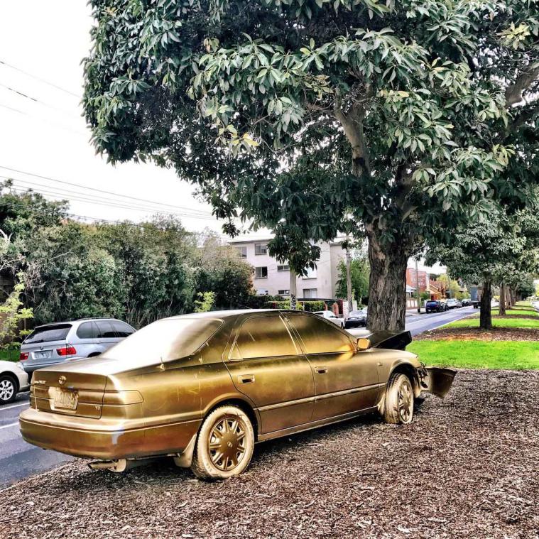 Gecrashte wagen omgetoverd tot impromptu kunstinstallatie