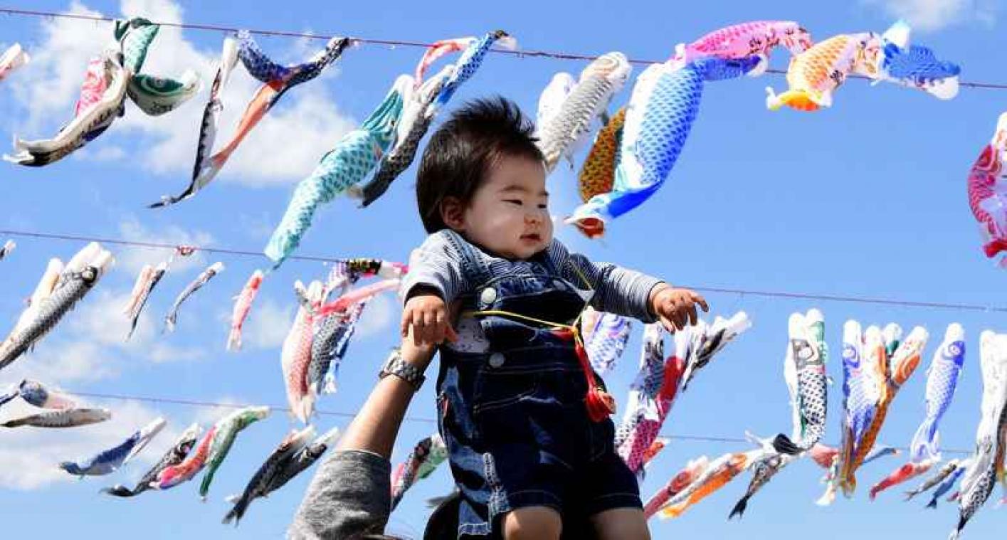 Morgen zwemmen vissen door de Japanse lucht