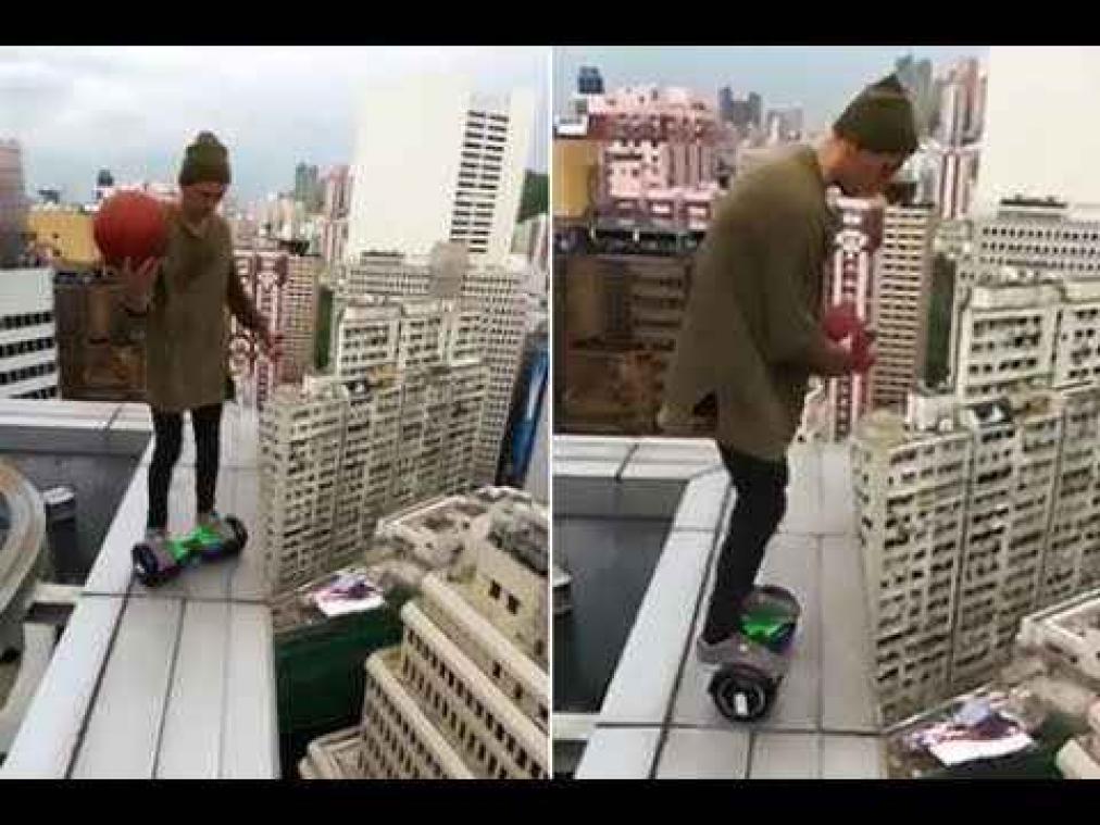 VIDEO. Waaghals rijdt met hoverboard over reling van wolkenkrabber
