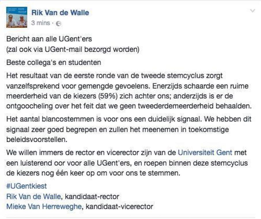 Rectorverkiezing UGent - "Resultaat zorgt vanzelfsprekend voor gemengde gevoelens"