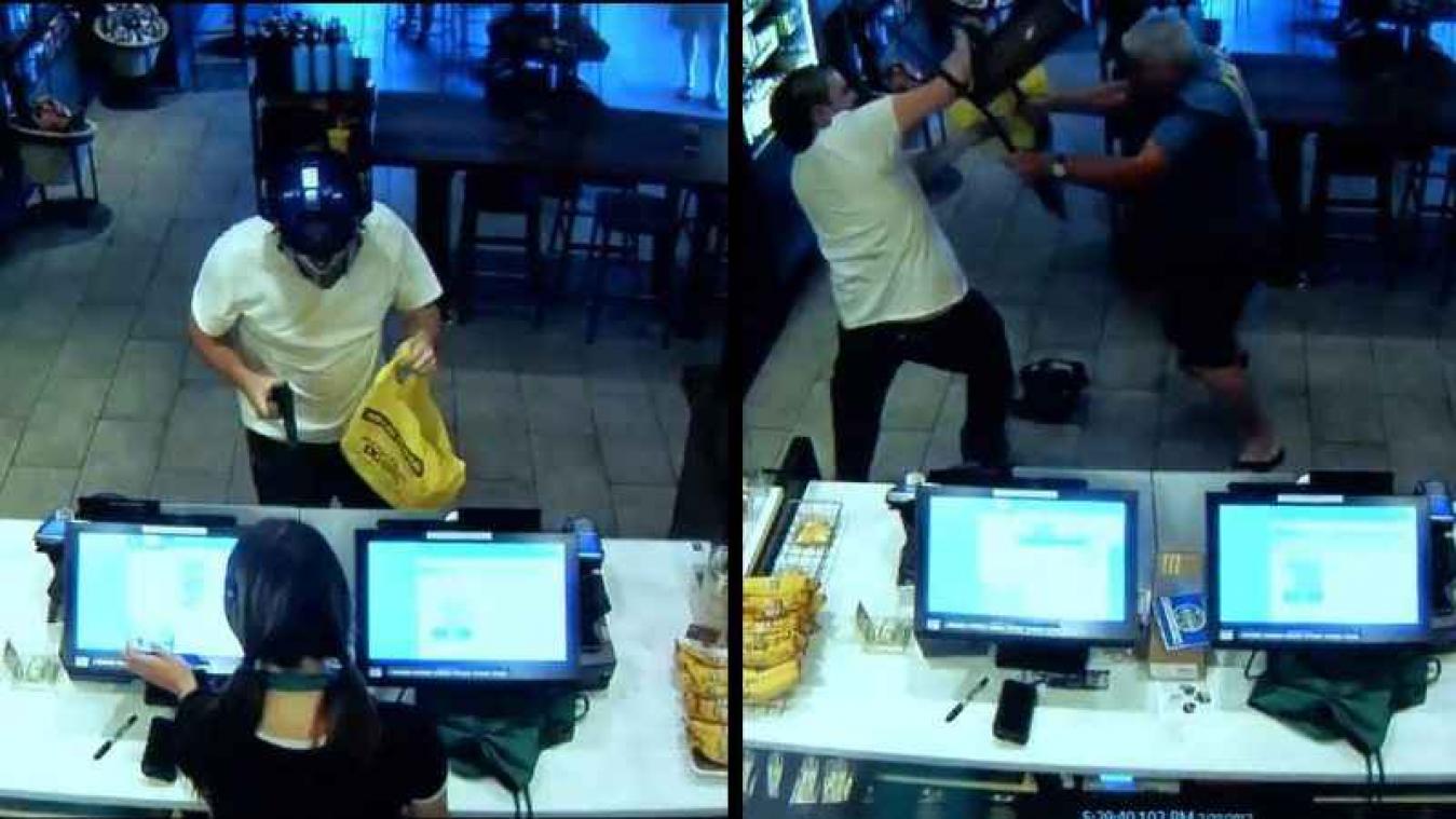VIDEO. 58-jarige man tackelt overvaller in Starbucks