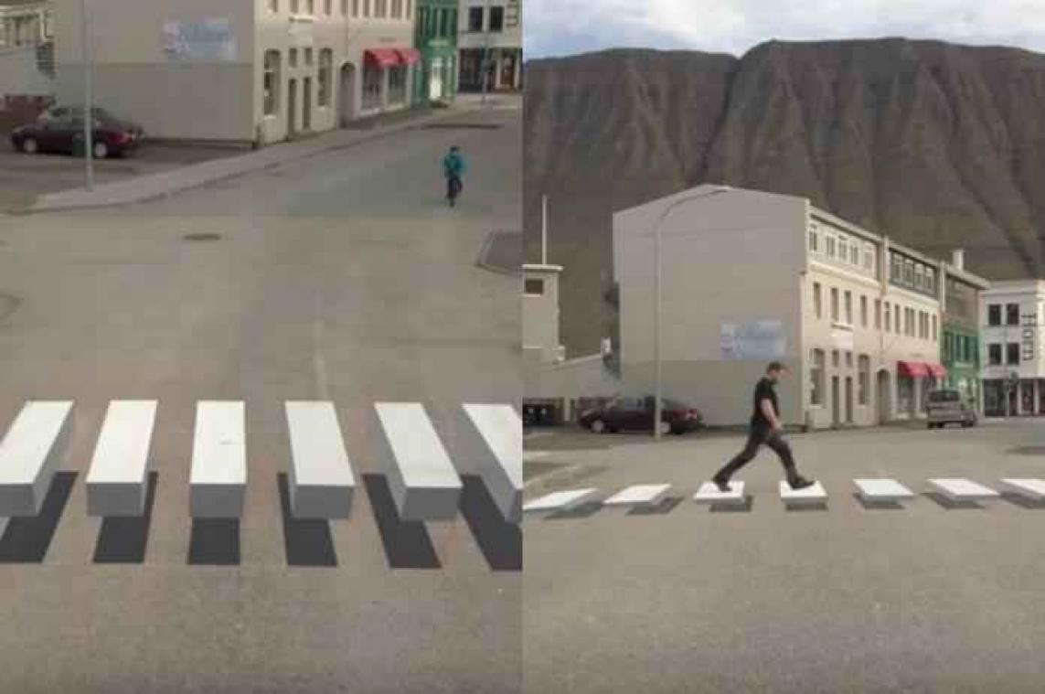 IJsland schildert 3D-zebrapad tegen hardrijders