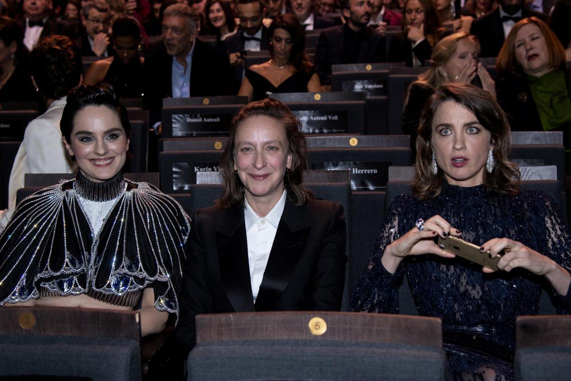 De Franse actrice Noémie Merland, de Franse regisseur Céline Sciamma en de Franse actrice Adèle Haenel.