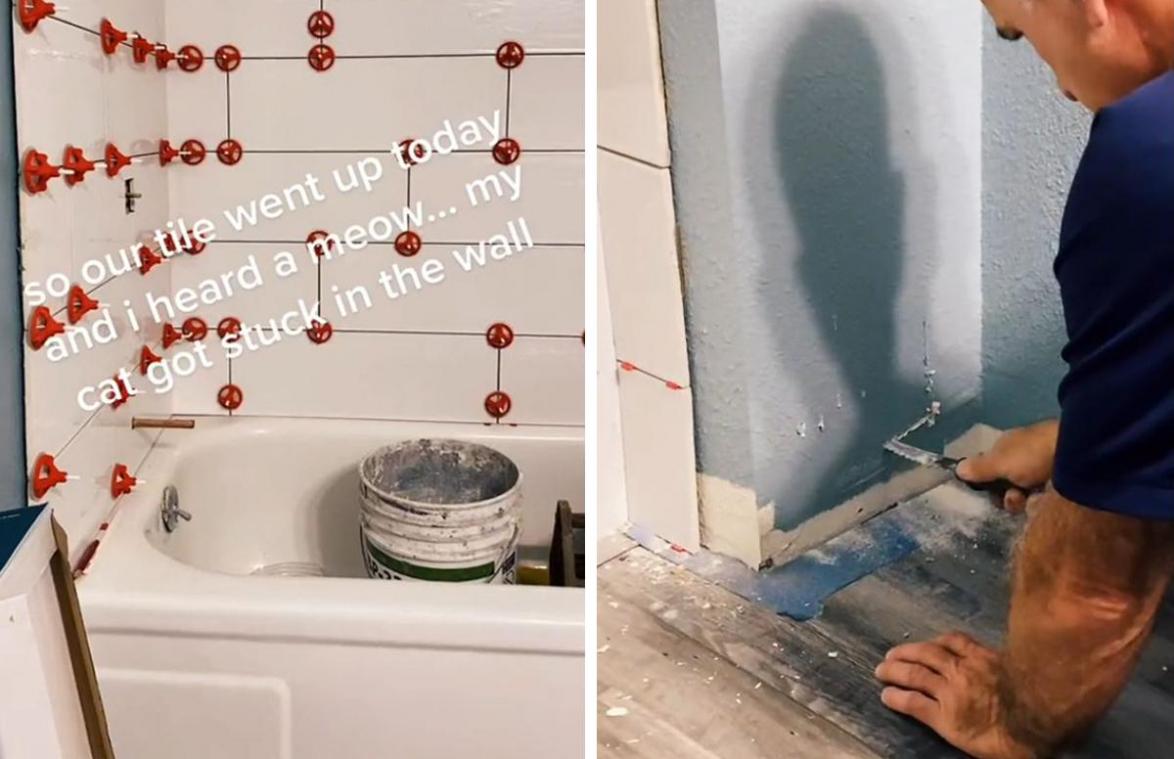 OH NEE! Vrouw renoveert badkamer, maar dan hoort ze haar kat plots miauwen vanuit de muur (video)