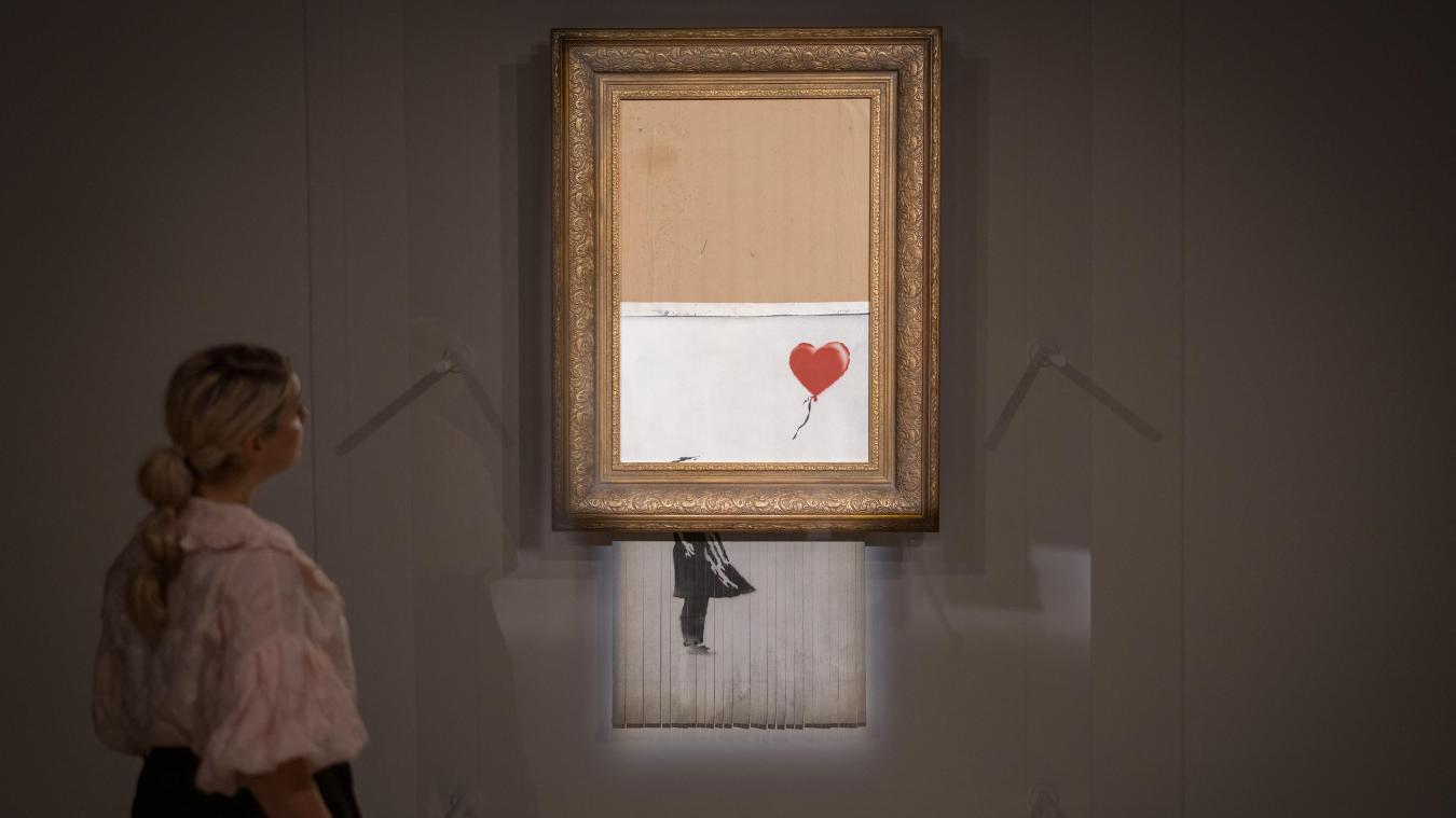 WOW. Deels versnipperd Banksy-schilderij geveild voor 22 miljoen euro