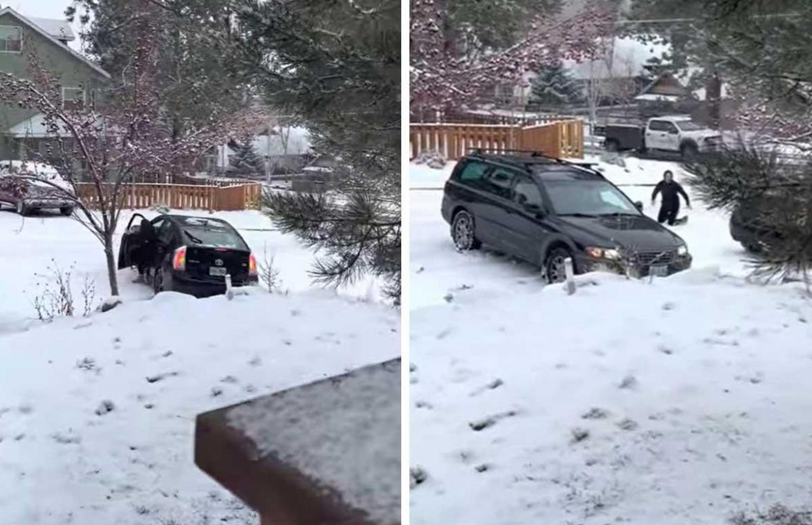 Vrouw springt uit auto die van besneeuwd wegdek glijdt. Maar dan komt er nóg een auto aan... (video)