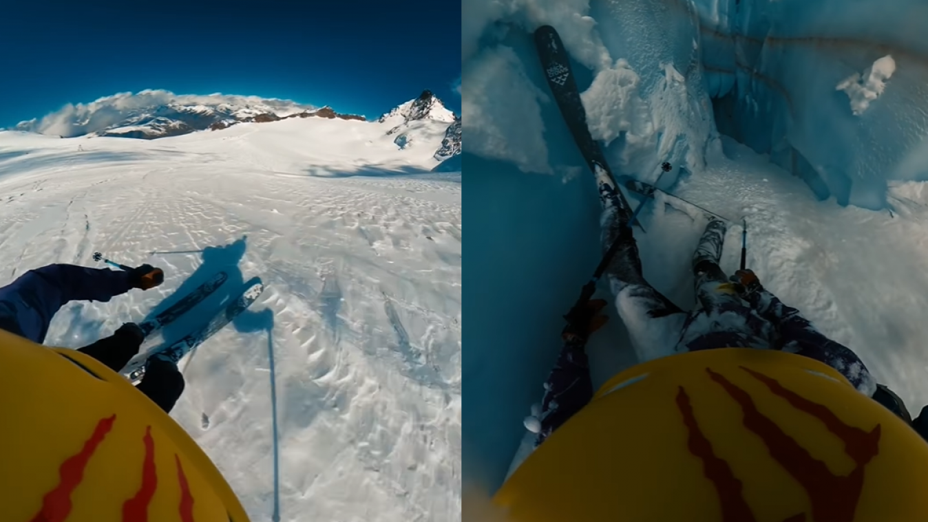Franse skiër legt zijn ijzingwekkende val in een gletjser vast op camera