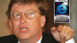 Bill Gates met het logo van Internet Explorer.